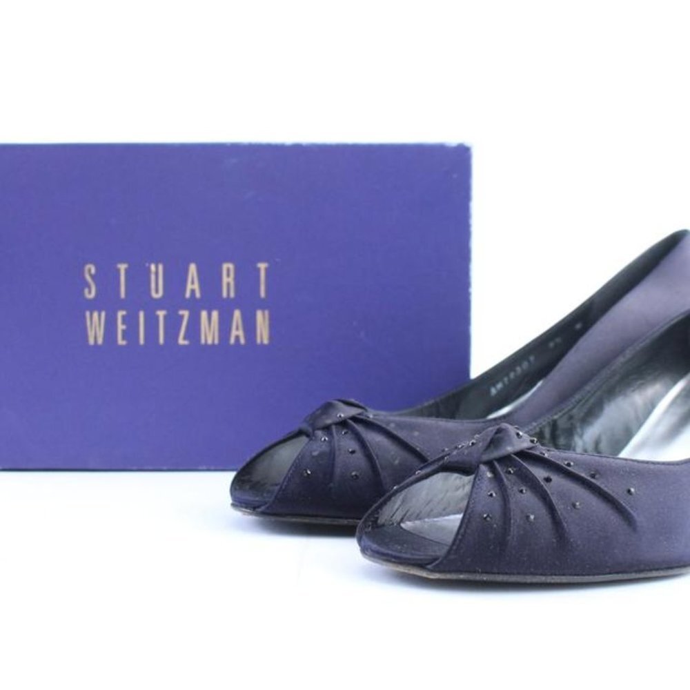 Stuart Weitzman Navy Satin Knot Twist Kitten Open - Picture 2 of 8